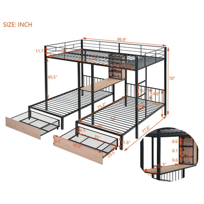 Triple Bunk Bed With Drawers, Multi-Functional Frame With Desks And Shelves In The Middle - The Sleep Loft - Online Mattress Showroom NYC