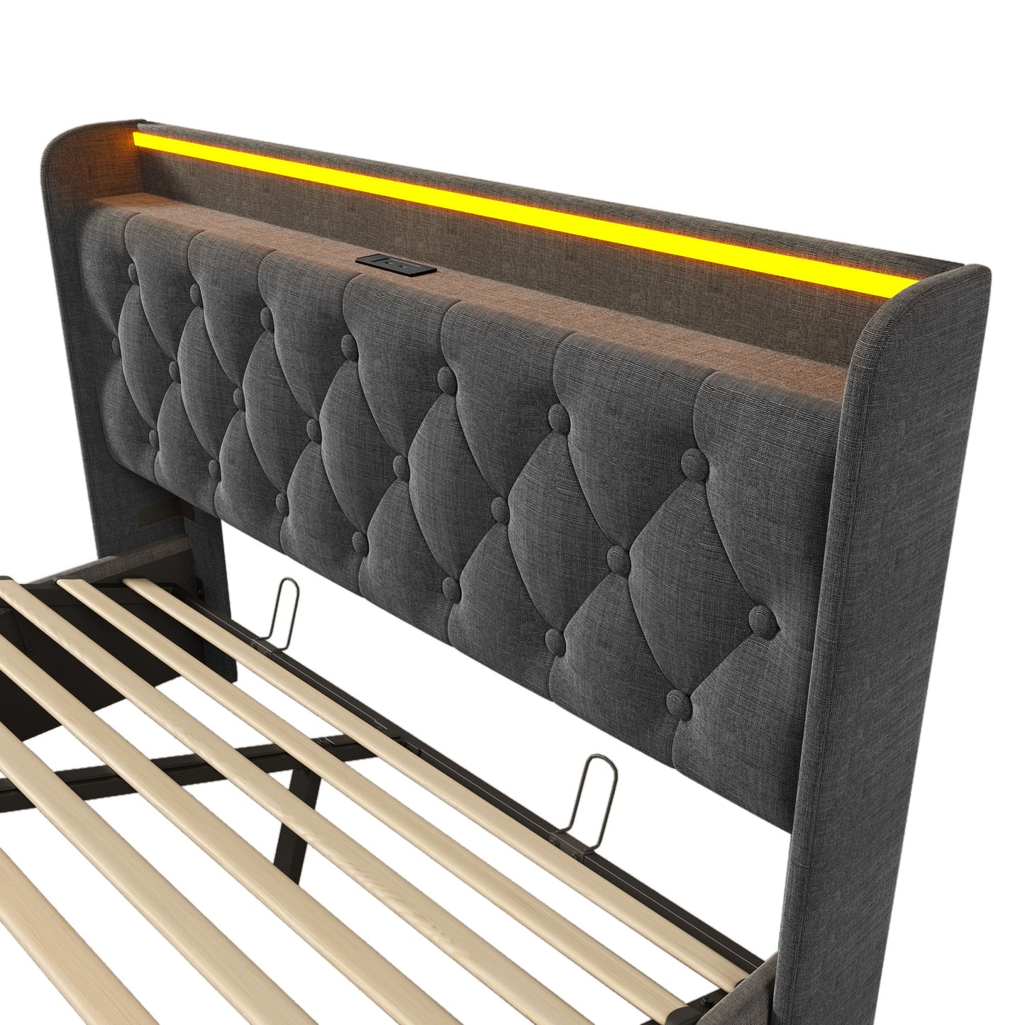 Upholstered Bed, 360 Surround LED Function, Remote Control, Hydraulic Storage Bed With USB, Type-C Charging (Without Mattress) - The Sleep Loft - Online Mattress Showroom NYC