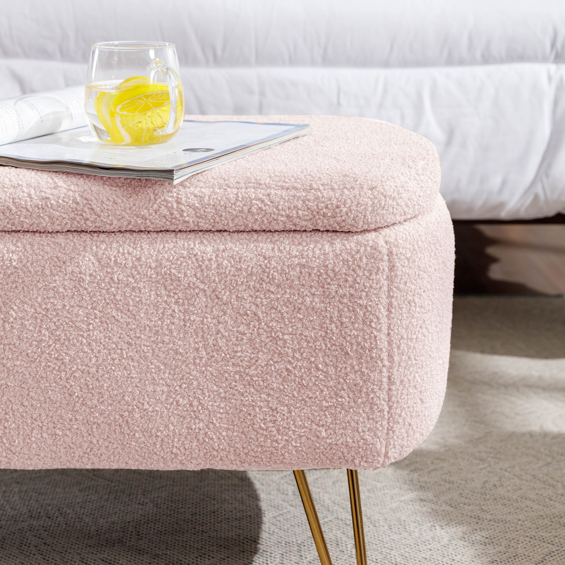 Storage Ottoman Bench For End Of Bed Legs, Modern Camel Faux Fur Entryway Bench Upholstered Padded With Storage For Living Room Bedroom - The Sleep Loft - Online Mattress Showroom NYC