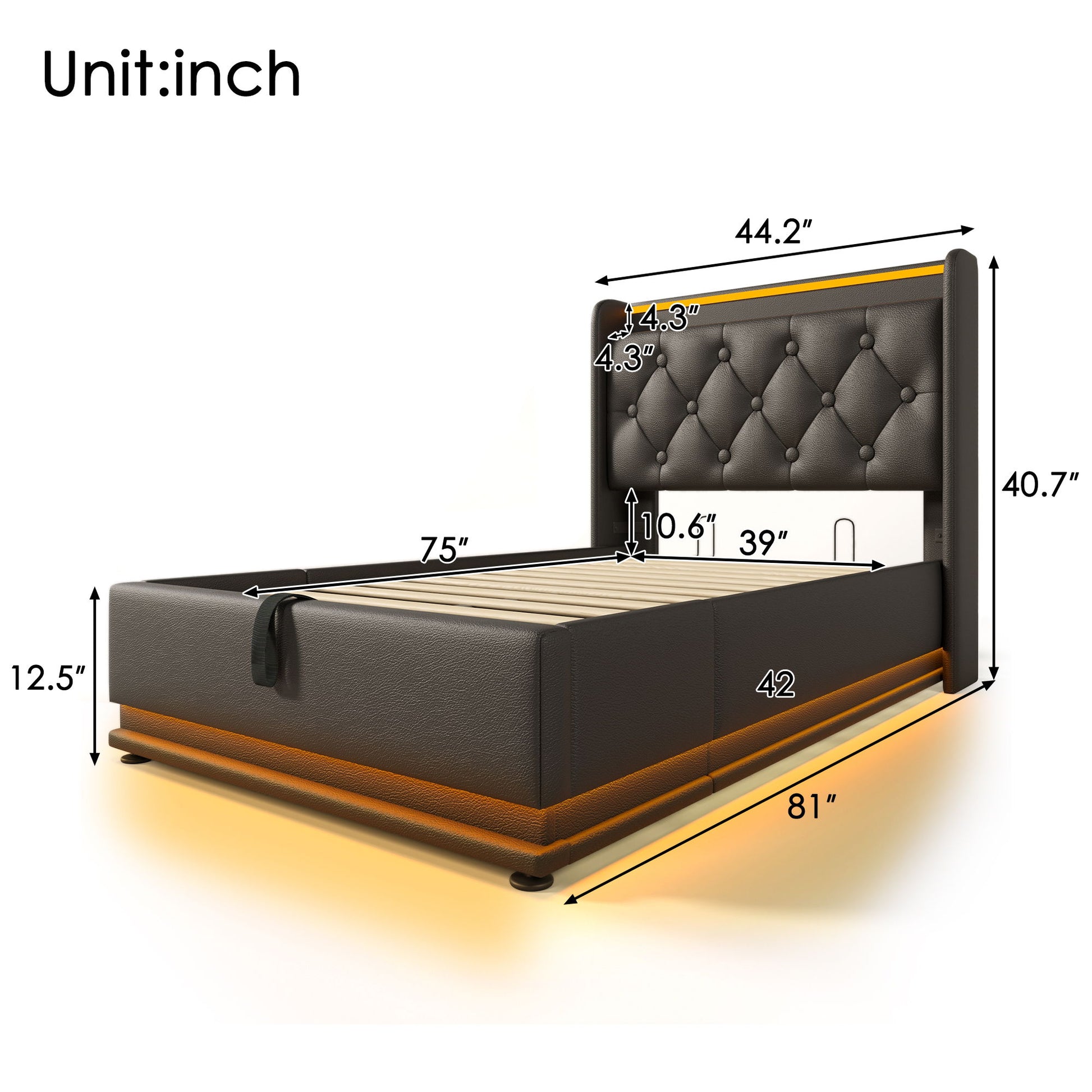 Upholstered Bed, 360 Surround LED Function, Remote Control, Hydraulic Storage Bed With USB, Type-C Charging (Without Mattress) - The Sleep Loft - Online Mattress Showroom NYC