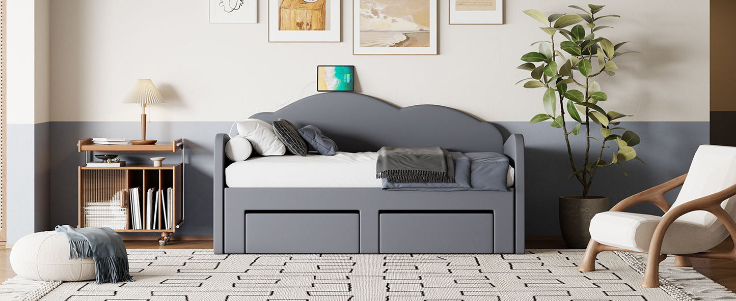 Upholstered Daybed With Cloud-Shaped Backrest, Trundle & 2 Drawers And USB Ports - The Sleep Loft - Online Mattress Showroom NYC