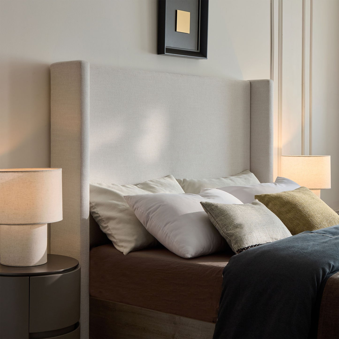 Shelton - Queen Upholstered Wingback Bed With 54" High Headboard - Ivory / Light Gray / Camel Oak - The Sleep Loft - Online Mattress Showroom NYC