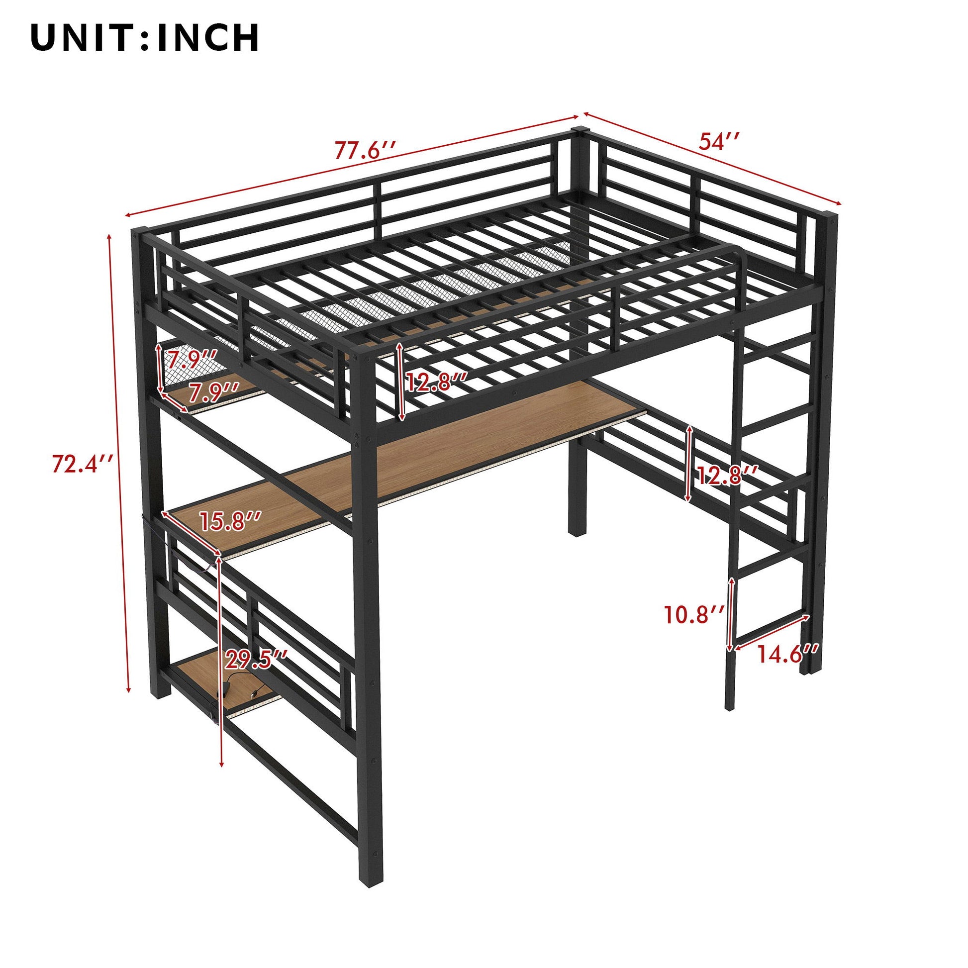Full Size Loft Bed Frame With Storage Shelf And LED Light - Black - The Sleep Loft - Online Mattress Showroom NYC