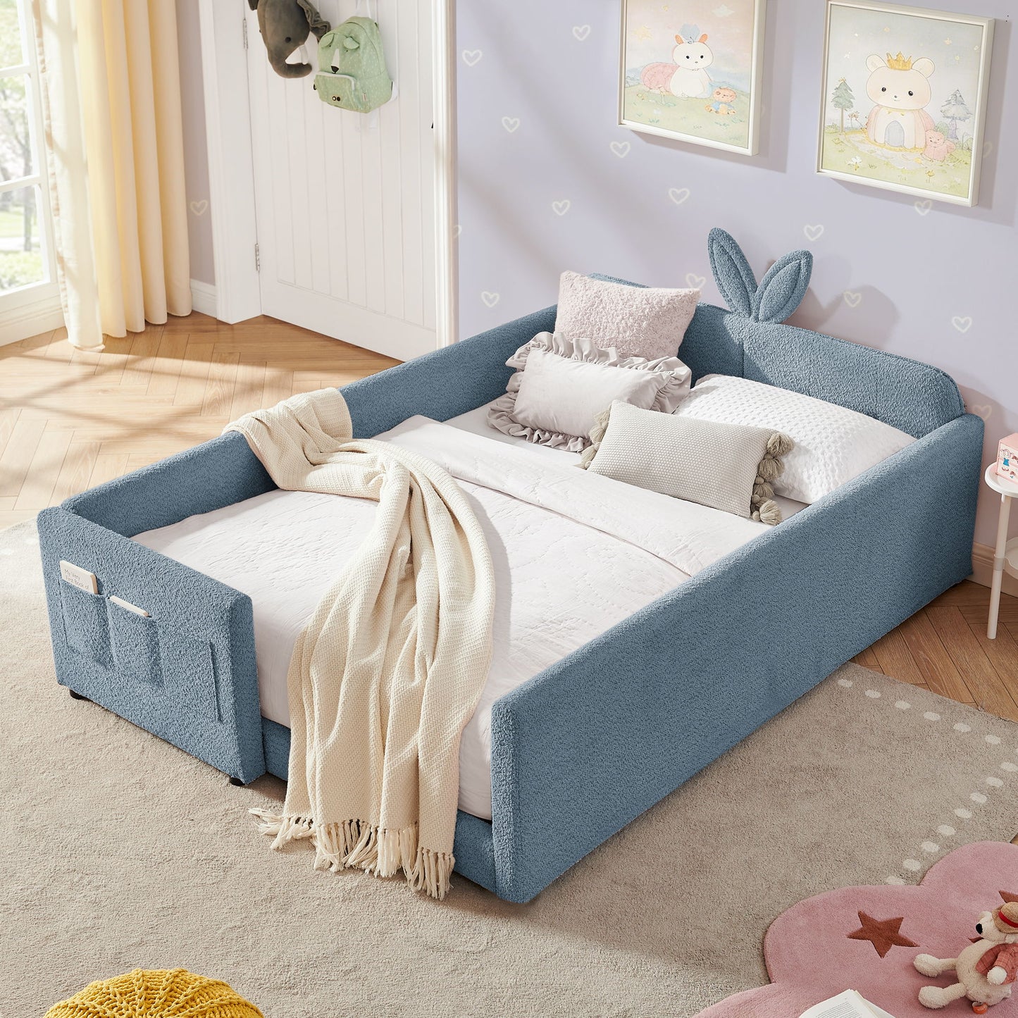 Cute Rabbit Ear Upholstered Platform Bed Frame With Safety Rail - The Sleep Loft - Online Mattress Showroom NYC