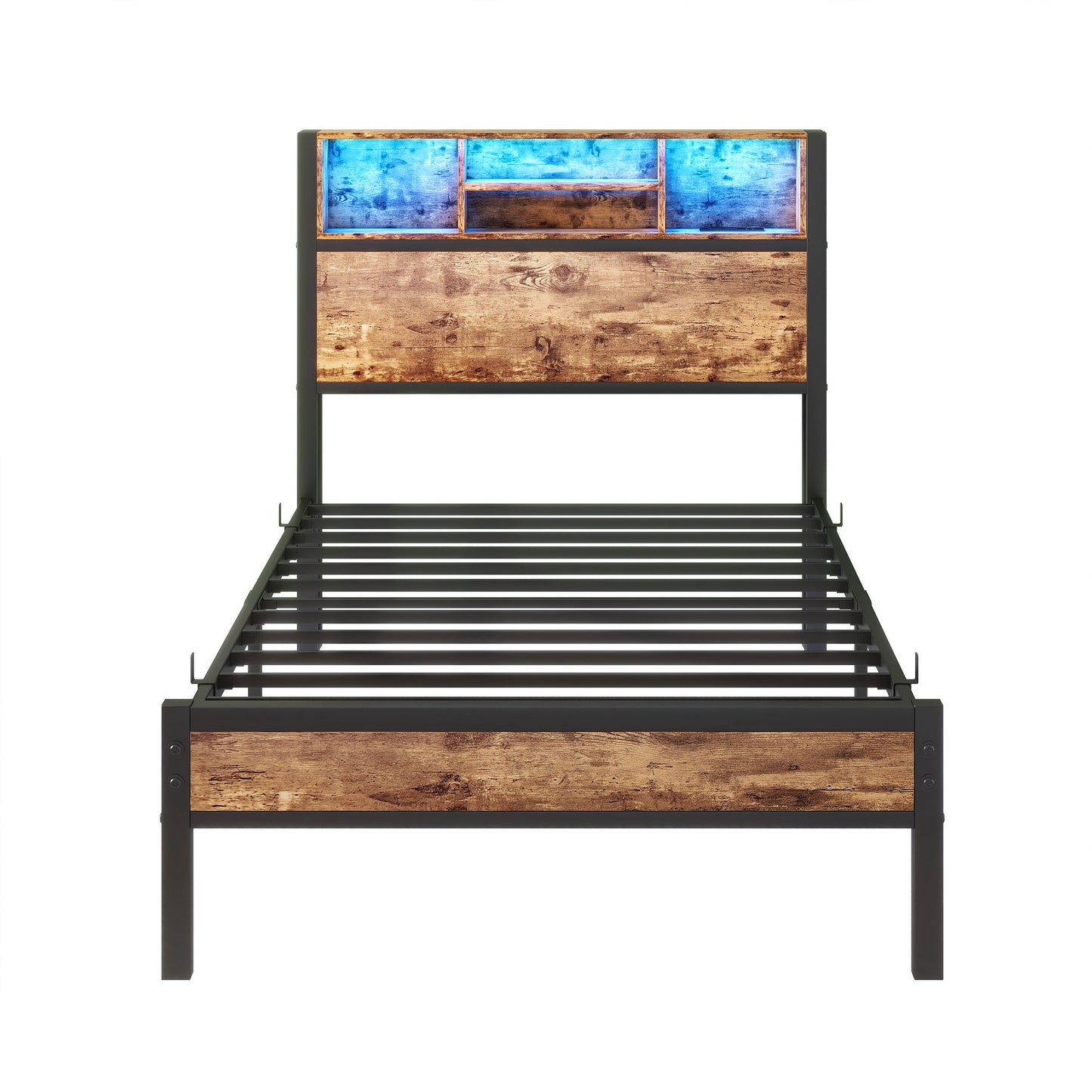 Modern Twin Size Metal Platform Bed Frame With Storage Headboard And Charging Station - Brown - The Sleep Loft - Online Mattress Showroom NYC