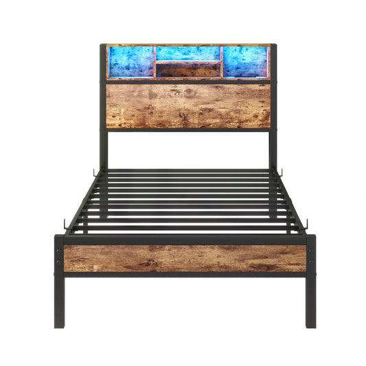 Modern Twin Size Metal Platform Bed Frame With Storage Headboard And Charging Station - Brown - The Sleep Loft - Online Mattress Showroom NYC
