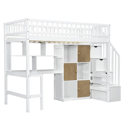 Loft Bed With Built In L Shaped Desk, LED Lights, Storage Shelves, Cabinets, And Staircase - The Sleep Loft - Online Mattress Showroom NYC