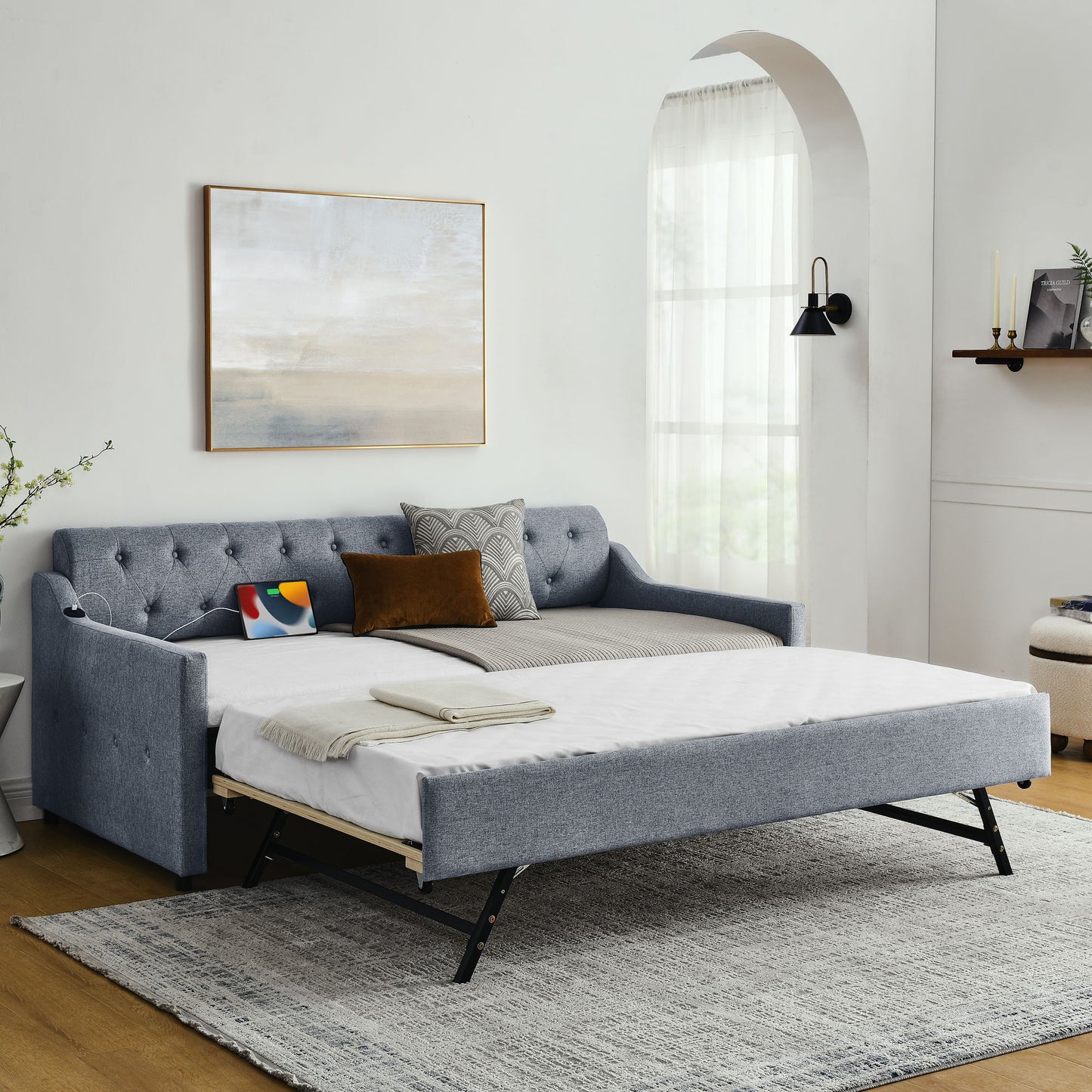 Size Upholstered Daybed With Trundle And USB Charging Armrest - The Sleep Loft - Online Mattress Showroom NYC