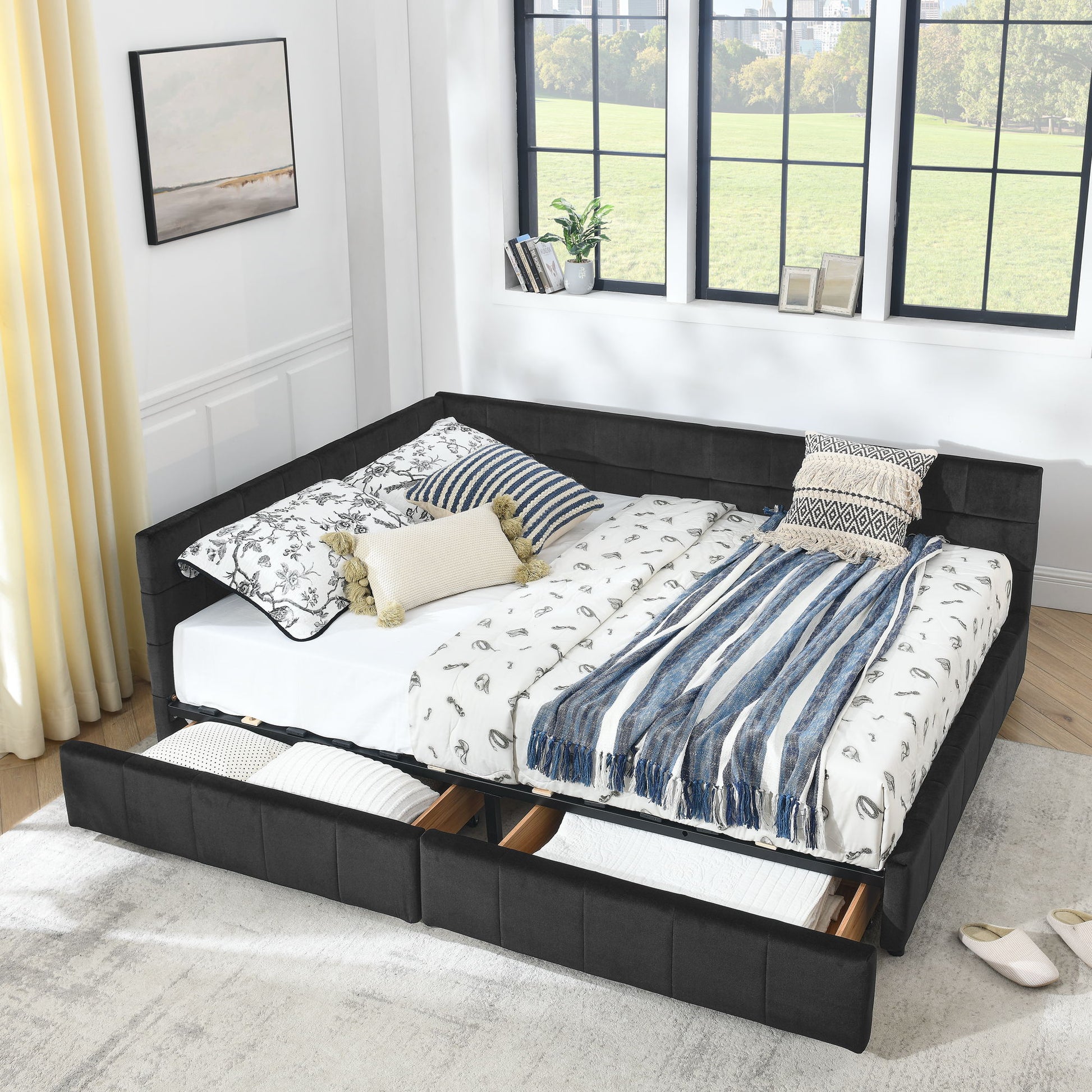 Mid-Century Storage Upholstered Tufted Bed Frame With Backrest And Armrests - The Sleep Loft - Online Mattress Showroom NYC