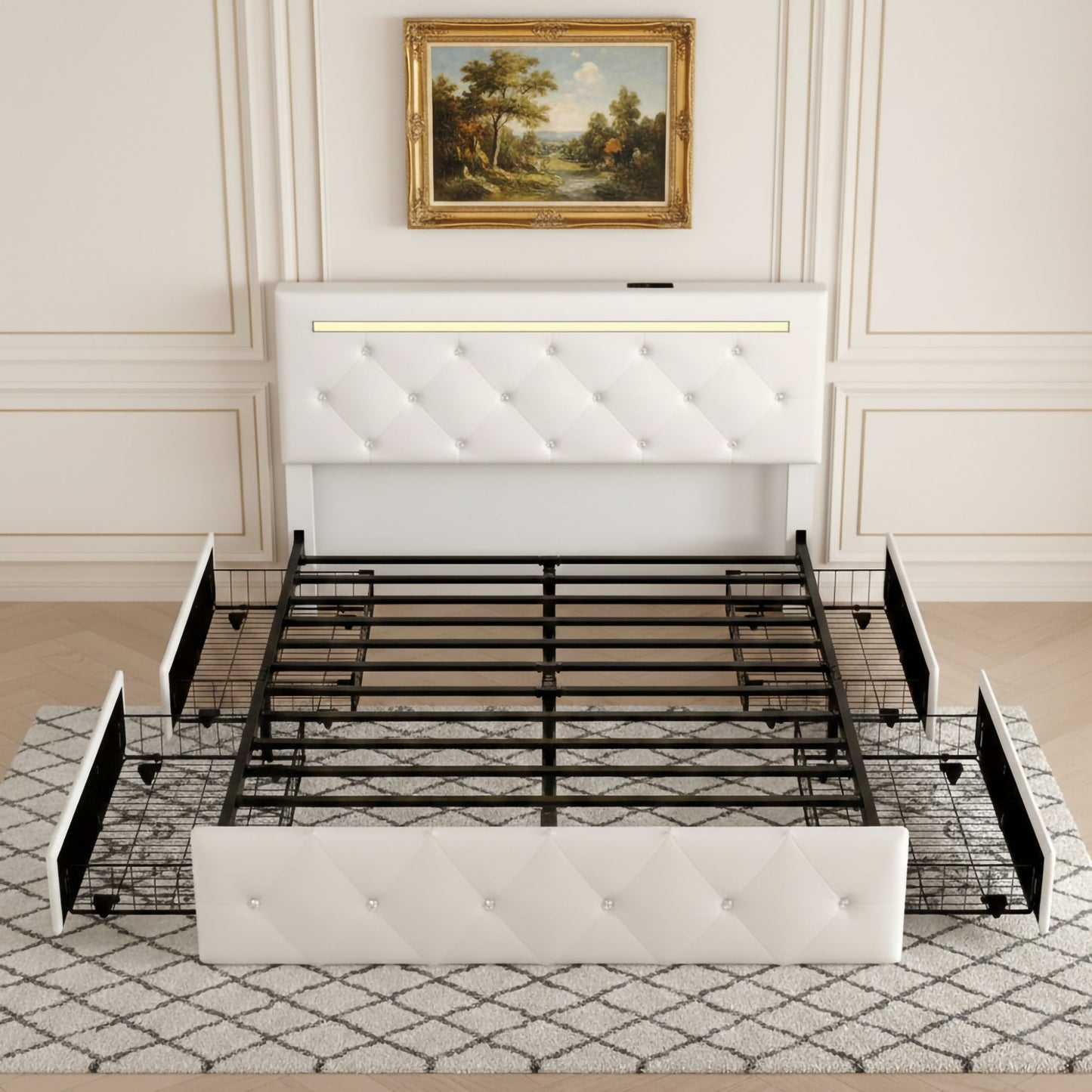 Upholstered Bed Frame With LED Lights, 4 Storage Drawers, Charging Station - The Sleep Loft - Online Mattress Showroom NYC