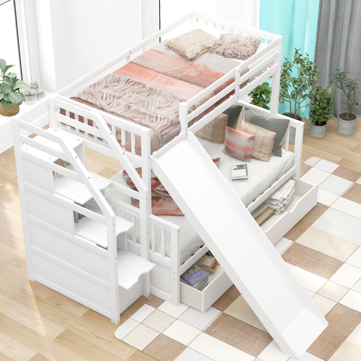 Bunk Bed With Storage Staircase, Slide, Desk, Drawers, And Shelves - The Sleep Loft - Online Mattress Showroom NYC