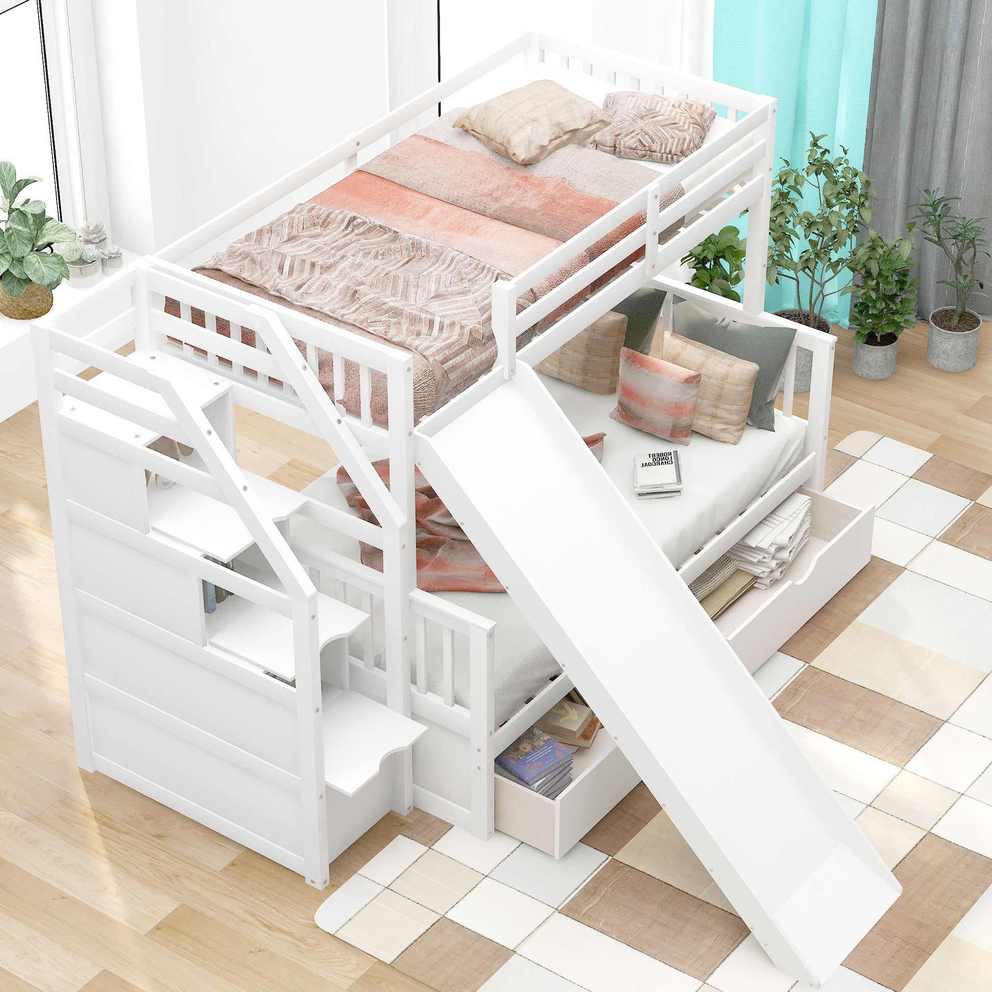 Bunk Bed With Storage Staircase, Slide, Desk, Drawers, And Shelves - The Sleep Loft - Online Mattress Showroom NYC
