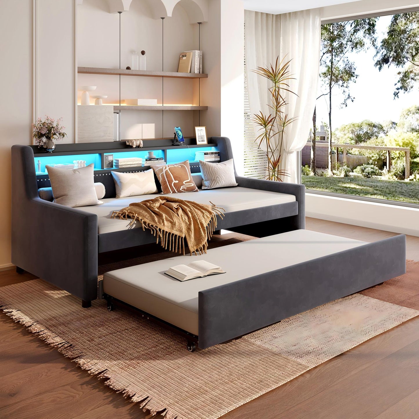 Twin Size Daybed With Trundle With LED Light ＆ Charging Station - Dark Gray - The Sleep Loft - Online Mattress Showroom NYC