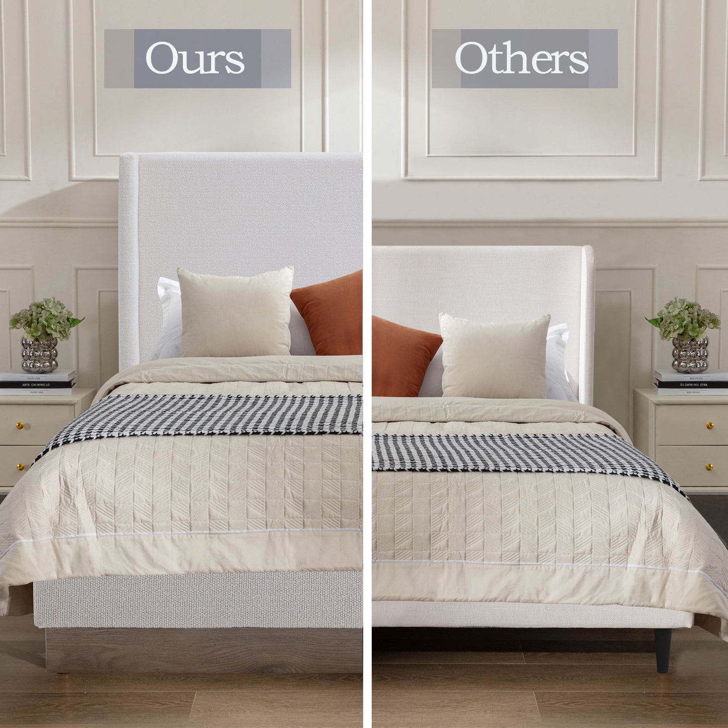 Hosford - Minimalist Upholstered Wingback Bed With Wood Base Platform - The Sleep Loft - Online Mattress Showroom NYC