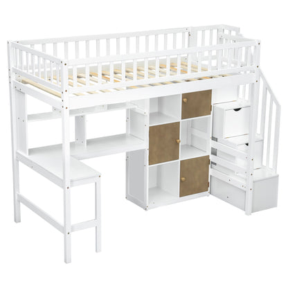 Loft Bed With Built In L Shaped Desk, LED Lights, Storage Shelves, Cabinets, And Staircase - The Sleep Loft - Online Mattress Showroom NYC