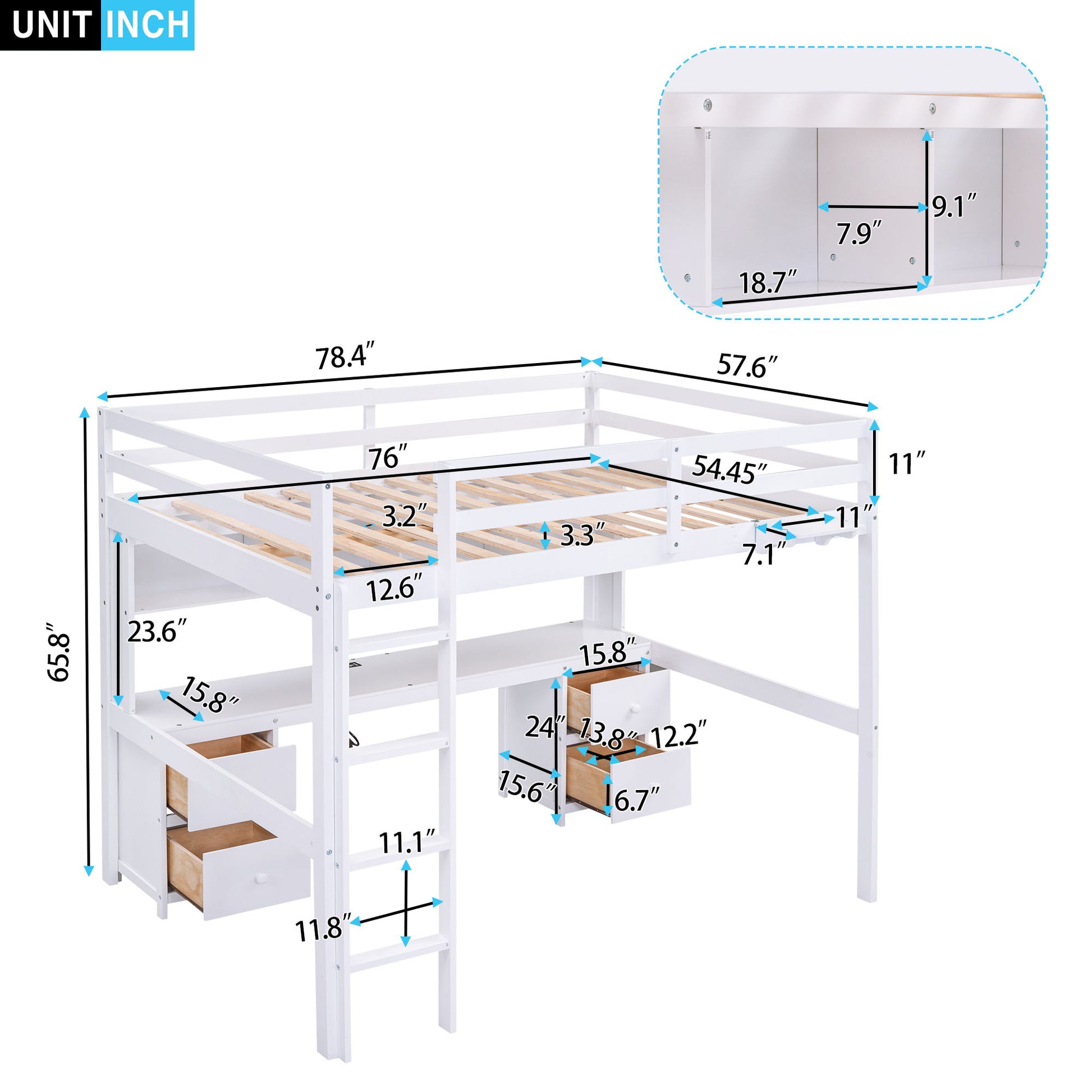 Full Size Loft Bed With Desk, Cabinets, Drawers, Charging Station And Bedside Tray, Sturdy Frame, No Box Spring Required - White - The Sleep Loft - Online Mattress Showroom NYC