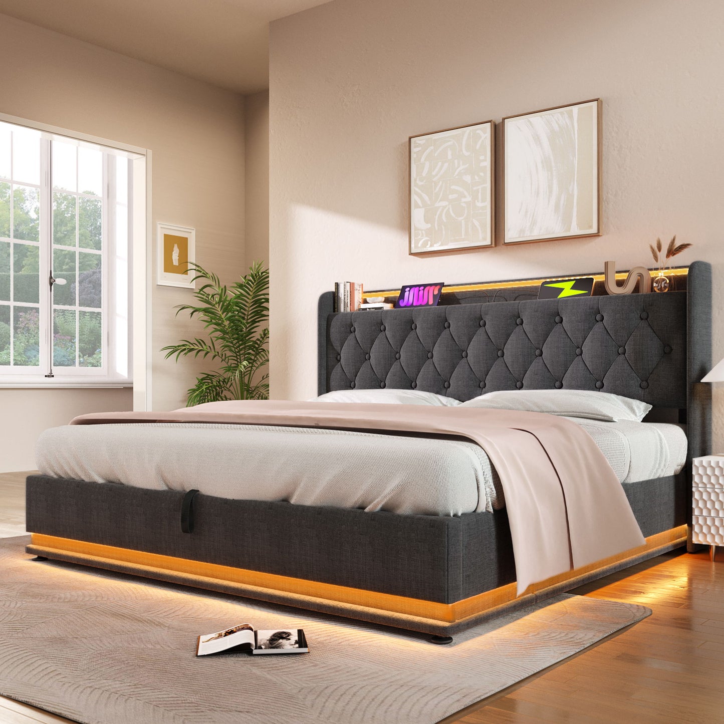 Upholstered Bed, 360 Surround LED Function, Remote Control, Hydraulic Storage Bed With USB, Type-C Charging (Without Mattress) - The Sleep Loft - Online Mattress Showroom NYC
