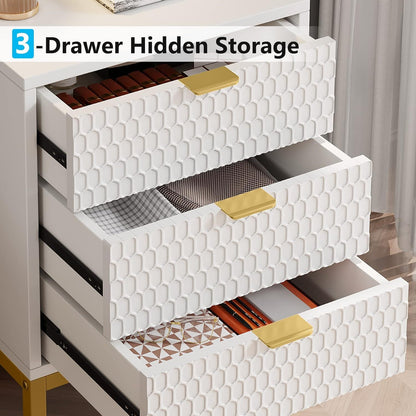 3 Drawer Nightstand With Hexagon Pattern, Storage Table For Living - White