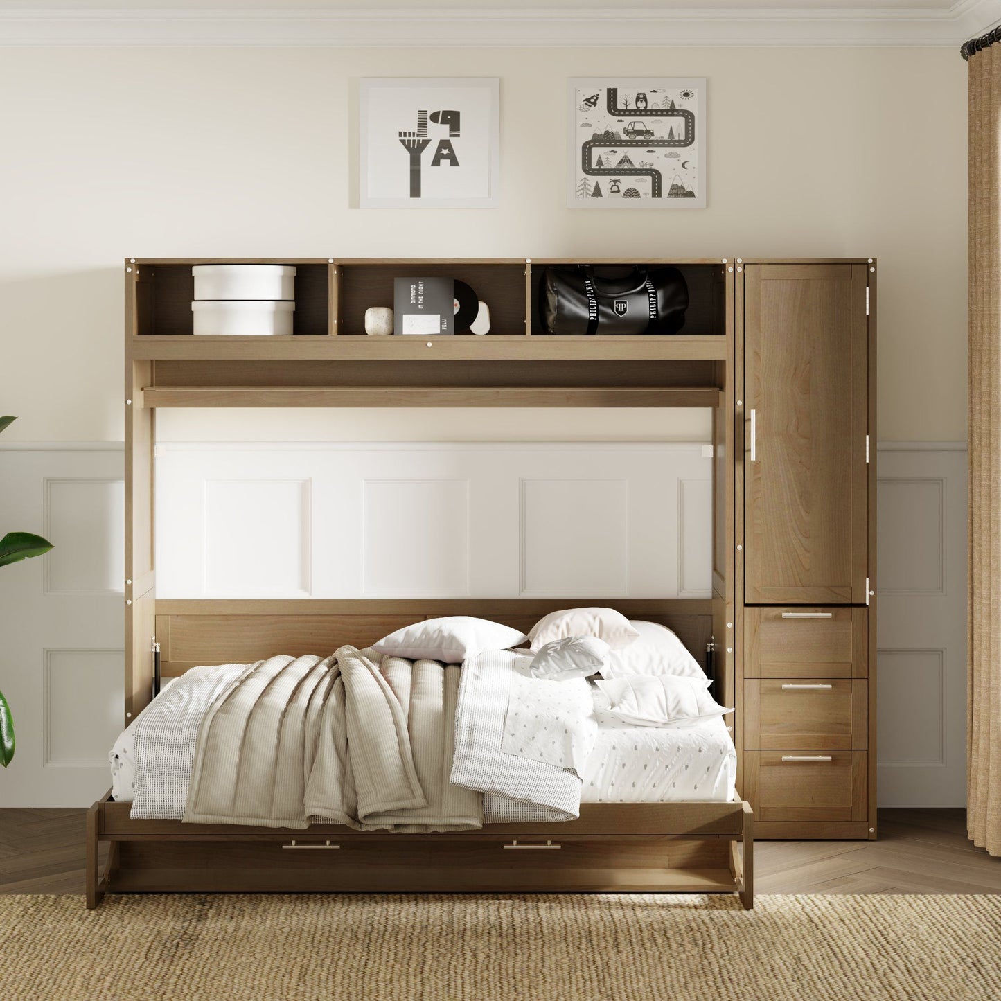 Full Size Murphy Bed With Wardrobe, Drawers, And Open Shelves - Wood - The Sleep Loft - Online Mattress Showroom NYC