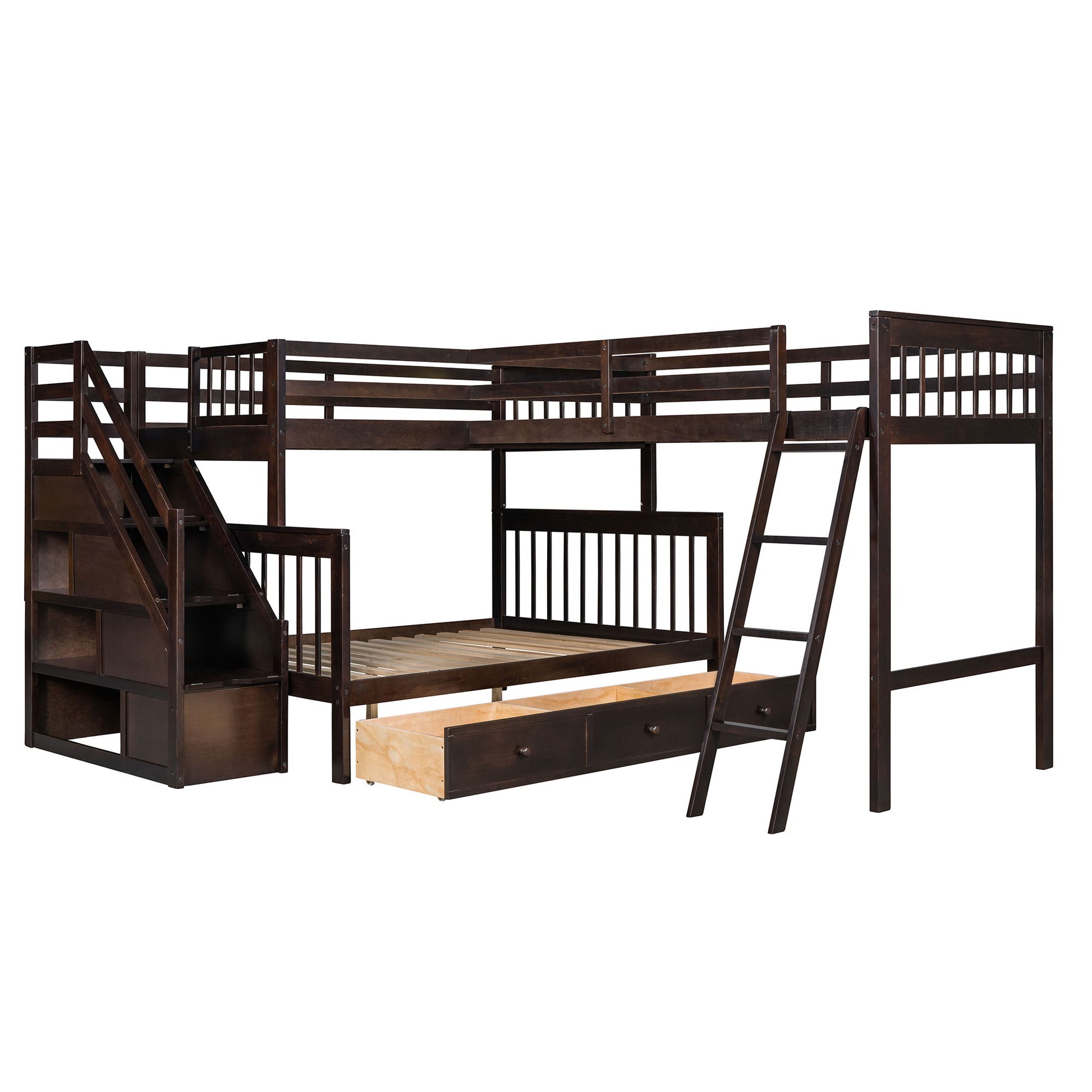Solid L Shaped Bunk Bed With 3 Drawers, Ladder And Staircase - The Sleep Loft - Online Mattress Showroom NYC