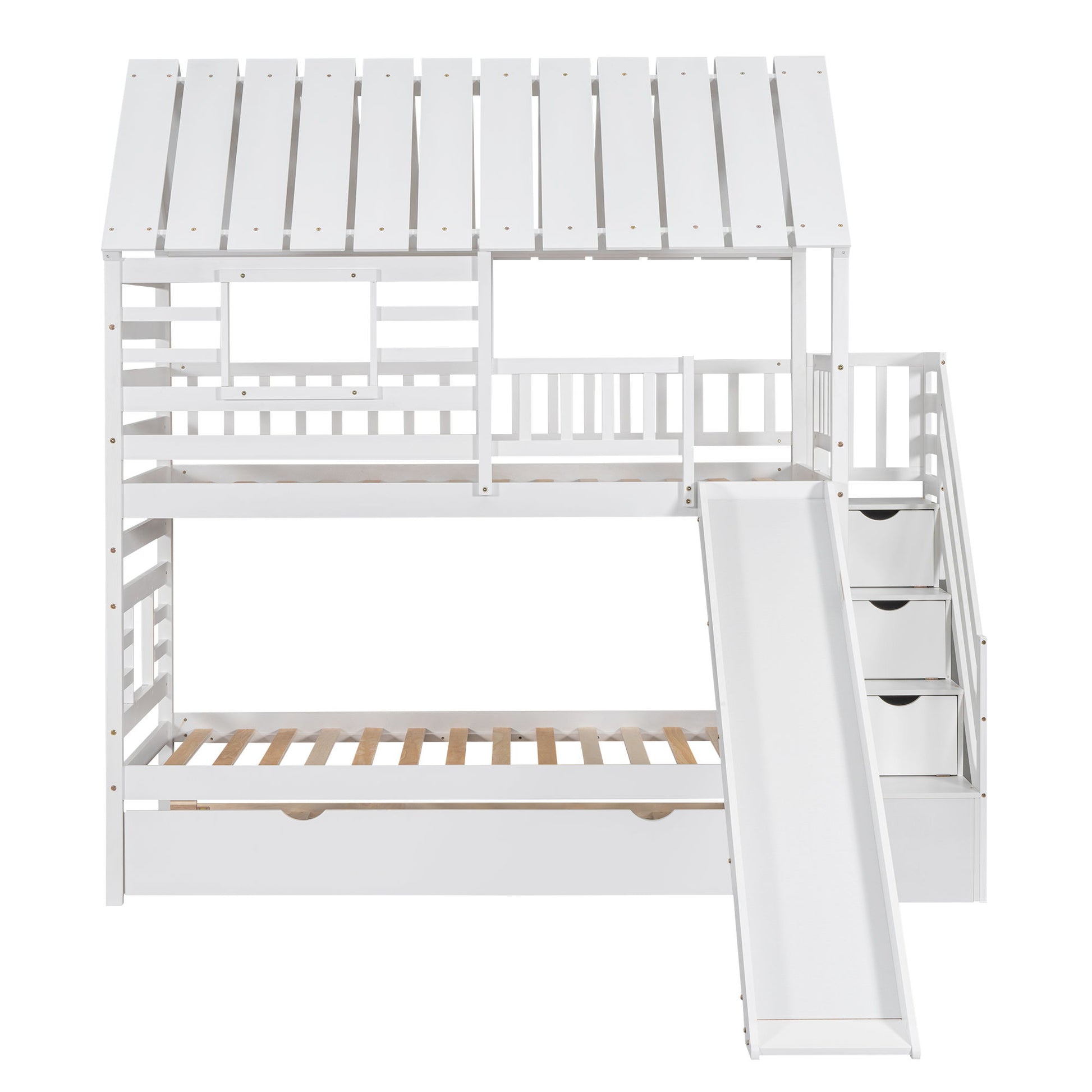 House Bunk Bed With Trundle, Storage Staircase, Roof And Window Design - The Sleep Loft - Online Mattress Showroom NYC