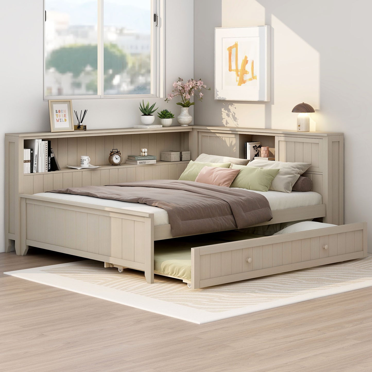 Full Size Daybed With Storage Shelves And Trundle - Ancient White - The Sleep Loft - Online Mattress Showroom NYC