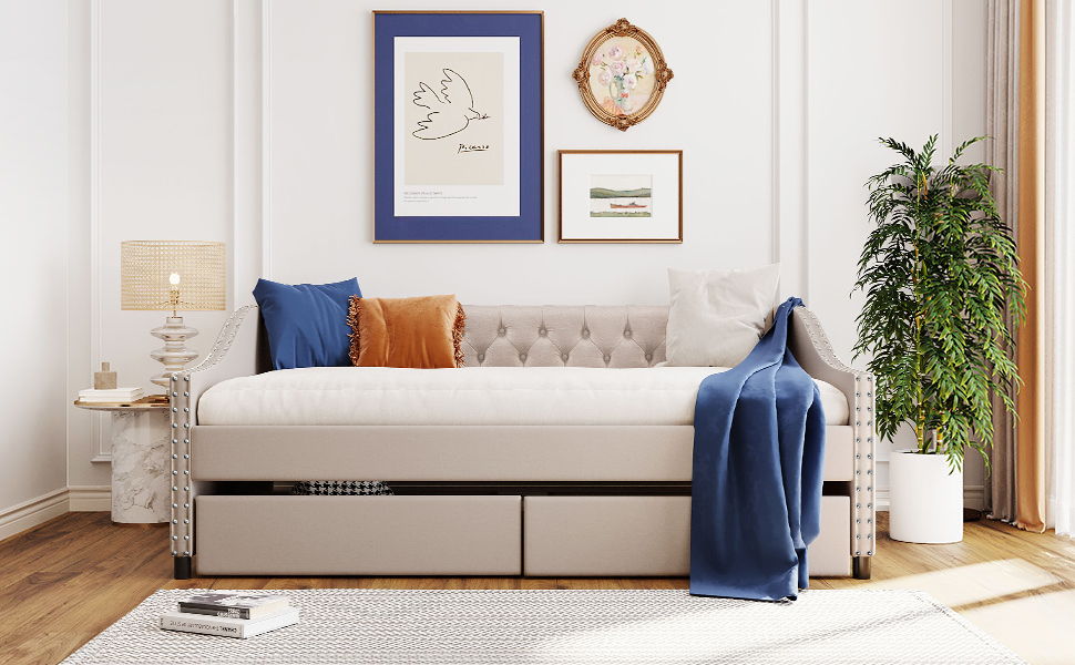 Upholstered Daybed With Two Drawers, Wood Slat Support - The Sleep Loft - Online Mattress Showroom NYC
