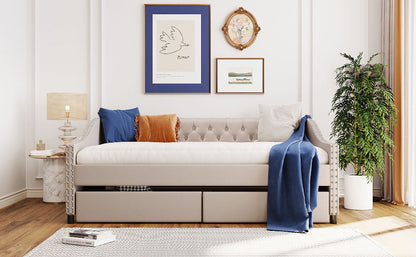 Upholstered Daybed With Two Drawers, Wood Slat Support - The Sleep Loft - Online Mattress Showroom NYC
