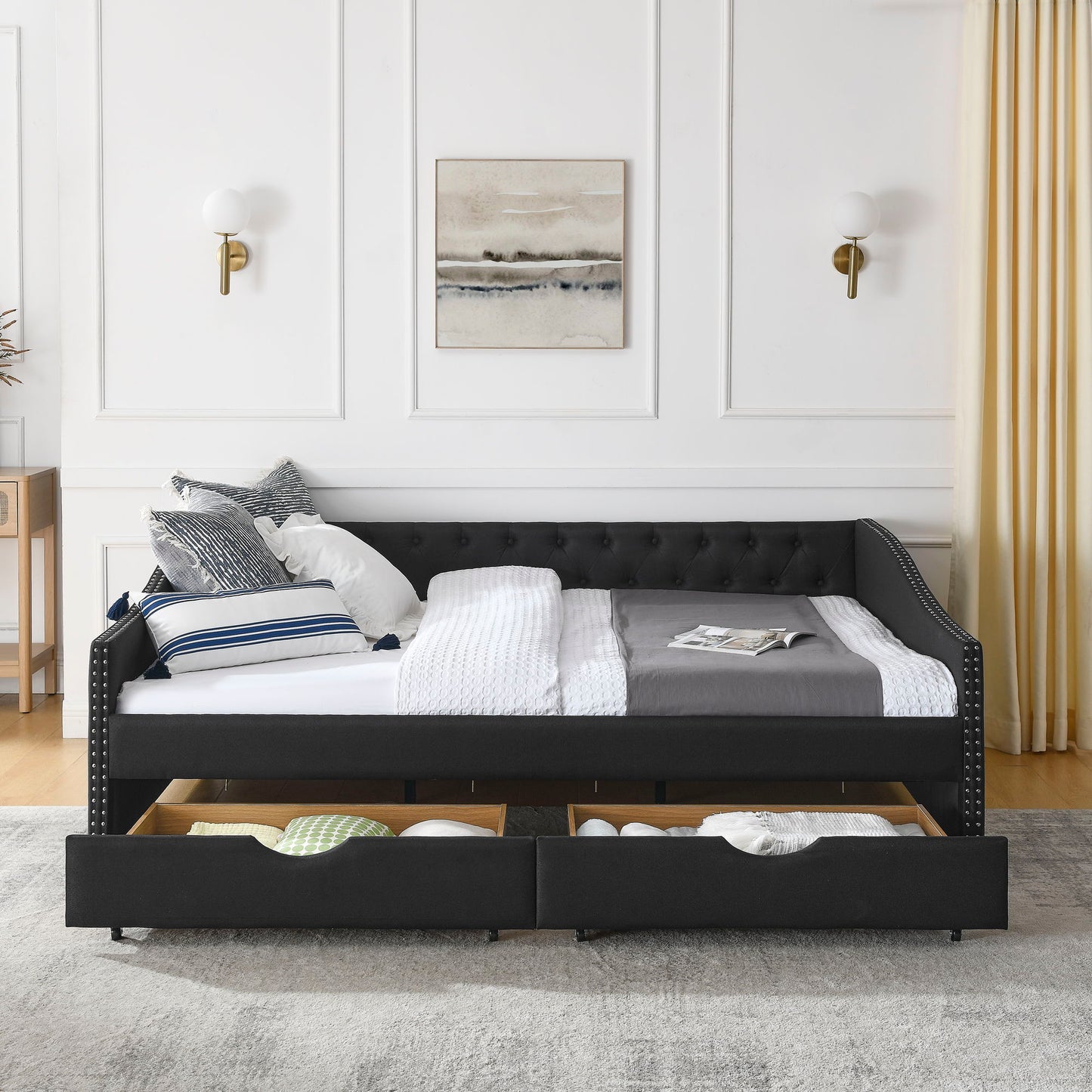Upholstered Tufted Daybed With 2 Drawers, Waved Arms - The Sleep Loft - Online Mattress Showroom NYC