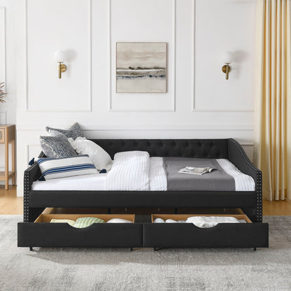 Upholstered Tufted Daybed With 2 Drawers, Waved Arms - The Sleep Loft - Online Mattress Showroom NYC