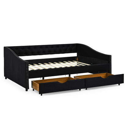 Upholstered Tufted Daybed With 2 Drawers, Waved Arms - The Sleep Loft - Online Mattress Showroom NYC