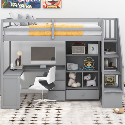 Loft Bed With L Shaped Desk, Drawers, Cabinet, And Storage Staircase - The Sleep Loft - Online Mattress Showroom NYC