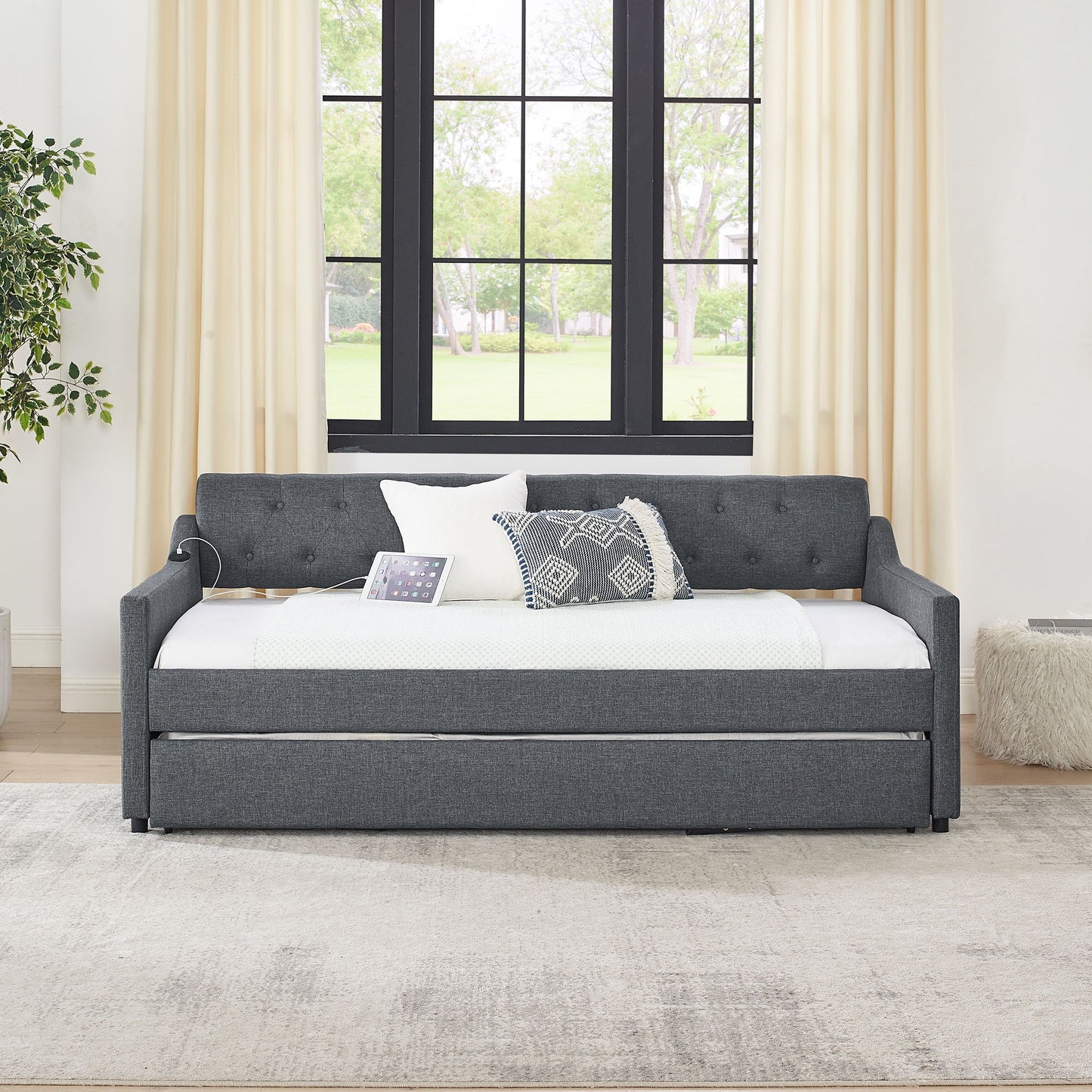 Size Upholstered Daybed With Trundle And USB Charging Armrest - The Sleep Loft - Online Mattress Showroom NYC