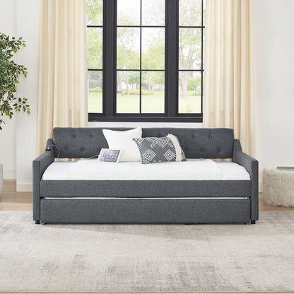Size Upholstered Daybed With Trundle And USB Charging Armrest - The Sleep Loft - Online Mattress Showroom NYC
