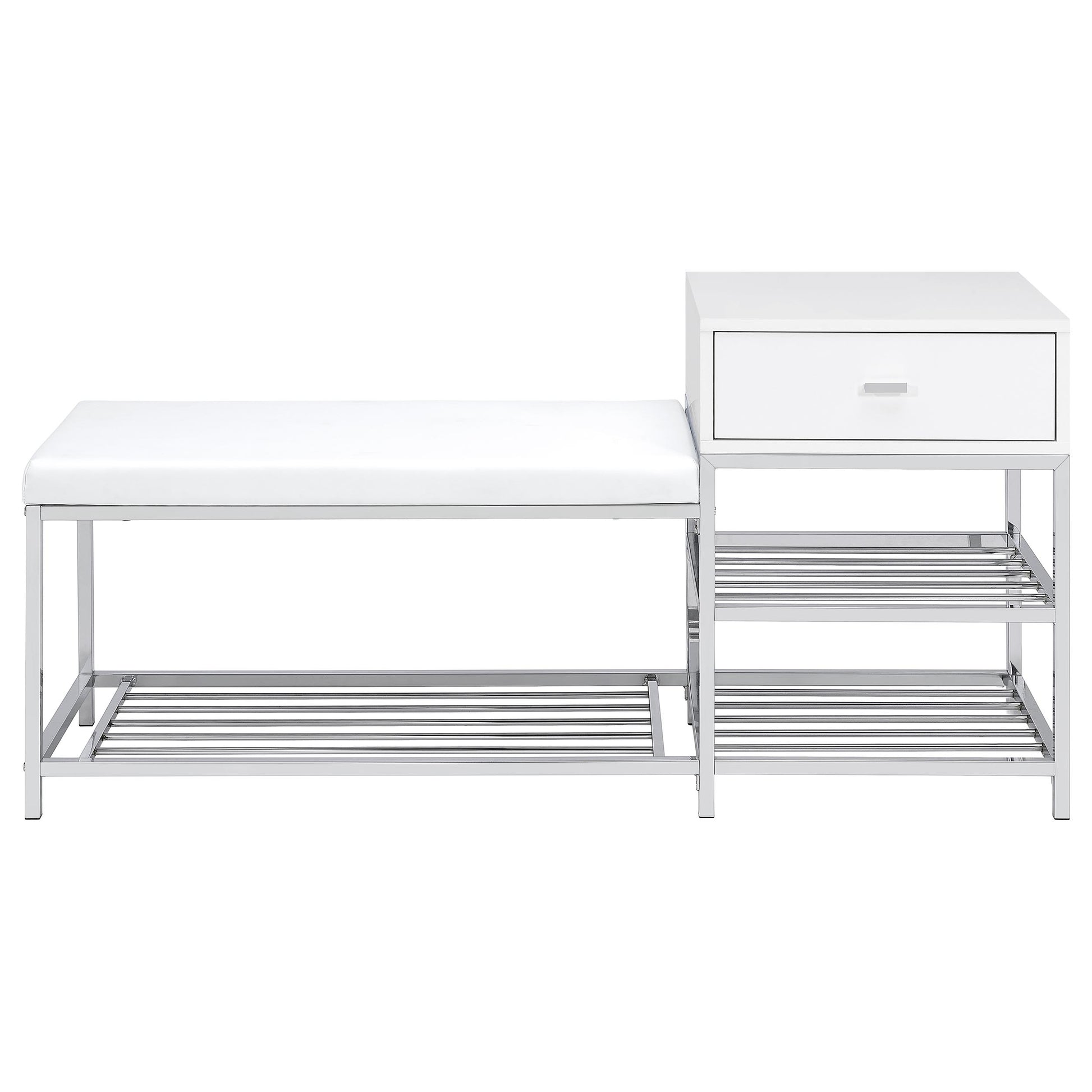 Siega 1-Drawer Shoe Storage Entryway Bench White High Gloss and Chrome