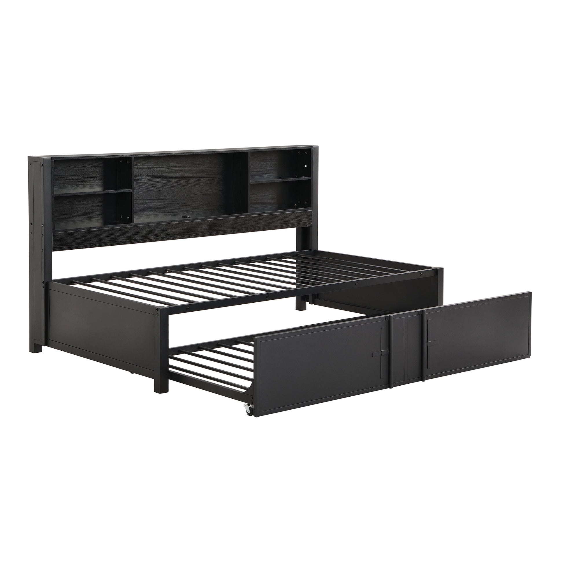 Industrial Metal Daybed With Trundle, Storage Shelves, USB Ports - The Sleep Loft - Online Mattress Showroom NYC