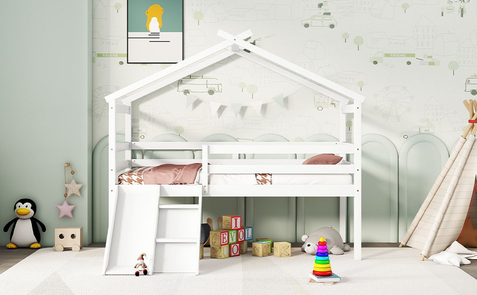 Low Loft House Bed With Slide, Ladder, Safety Guardrails, House Roof Frame - The Sleep Loft - Online Mattress Showroom NYC