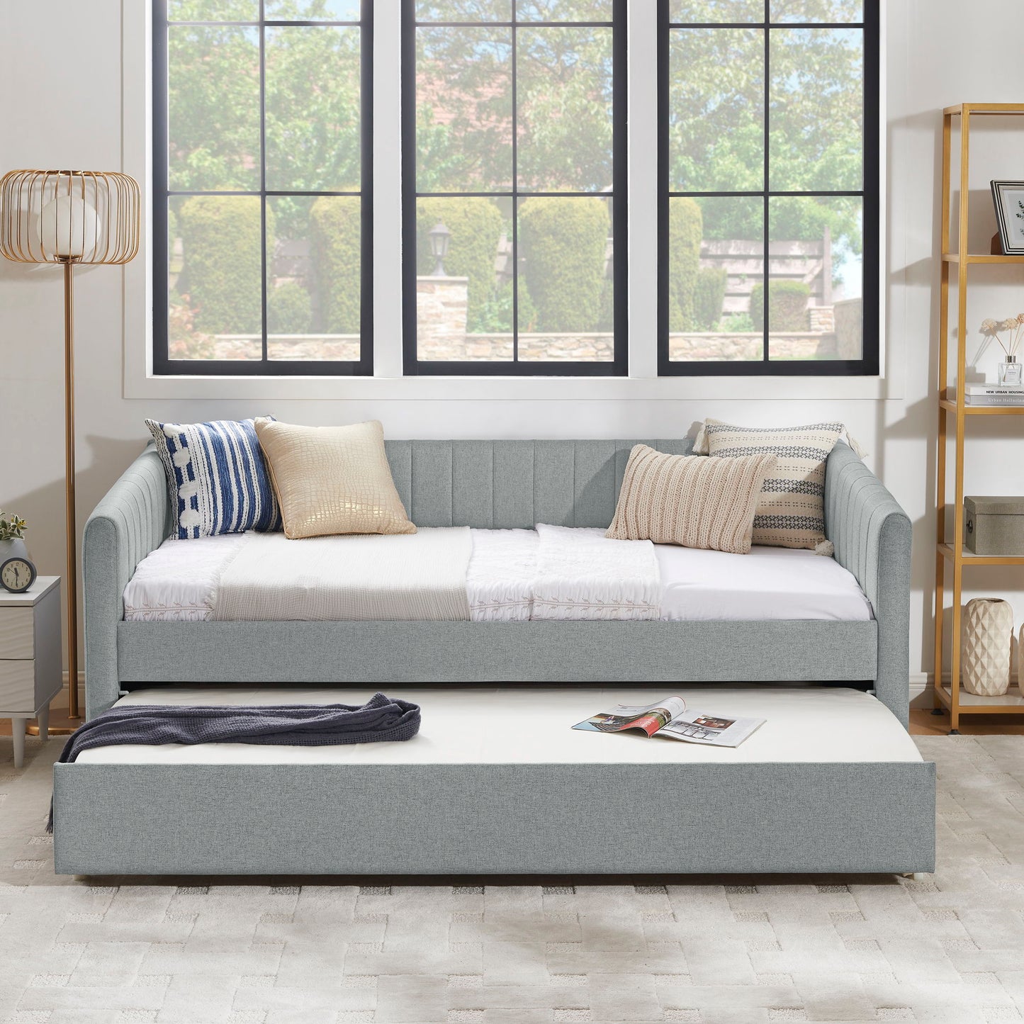 Upholstered Daybed With Trundle With Vertical Stripes - The Sleep Loft - Online Mattress Showroom NYC