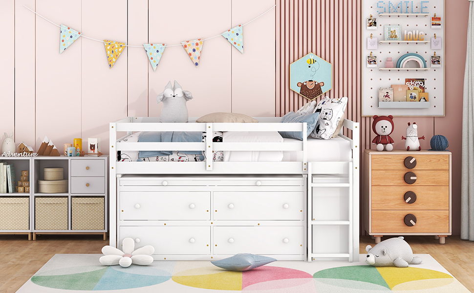 Loft Bed With Retractable Writing Desk And 4 Drawers, With Lateral Portable Desk And Shelves - The Sleep Loft - Online Mattress Showroom NYC