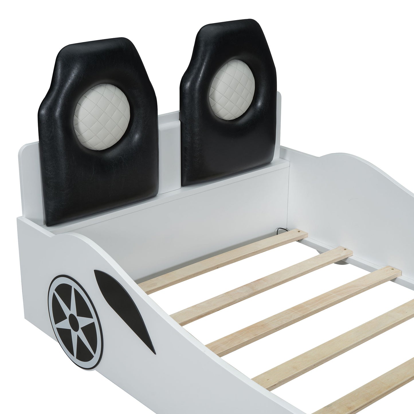 Race Car Shaped Platform Bed With LED And Upholstered Backrest In - The Sleep Loft - Online Mattress Showroom NYC