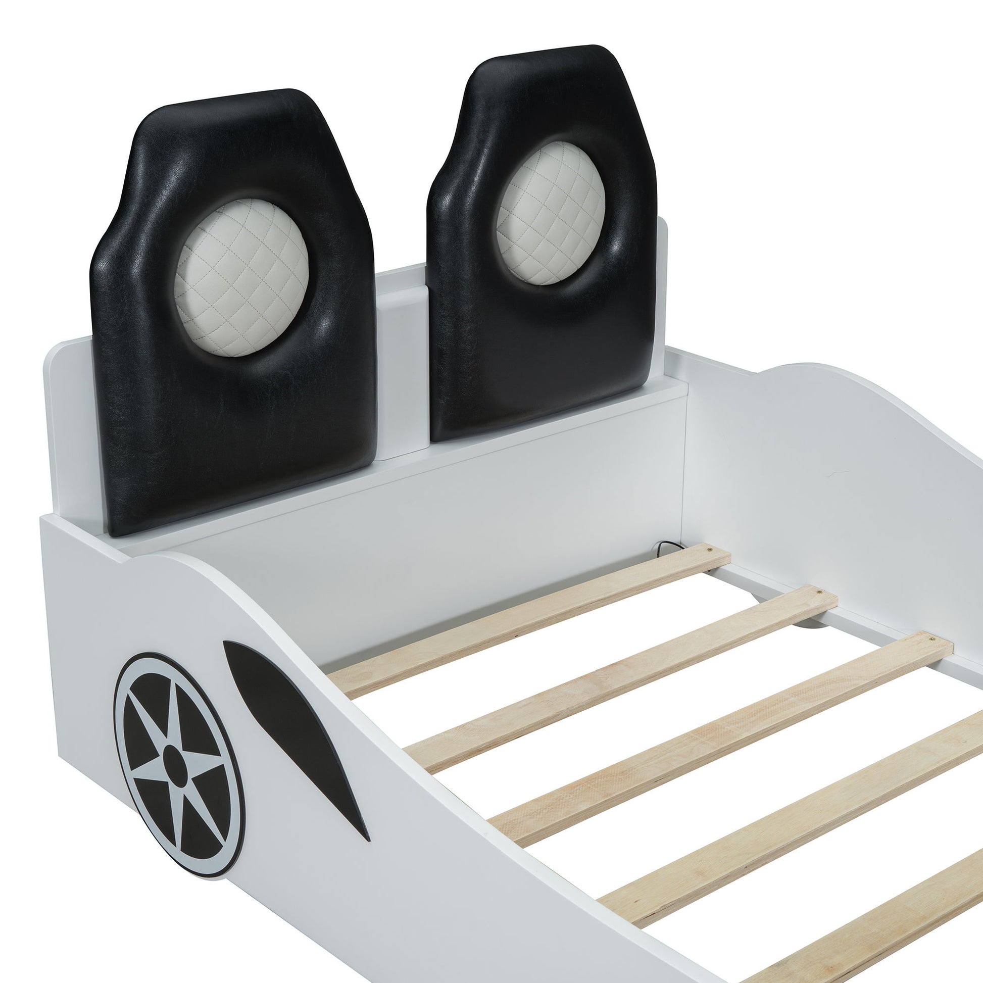 Race Car Shaped Platform Bed With LED And Upholstered Backrest In - The Sleep Loft - Online Mattress Showroom NYC