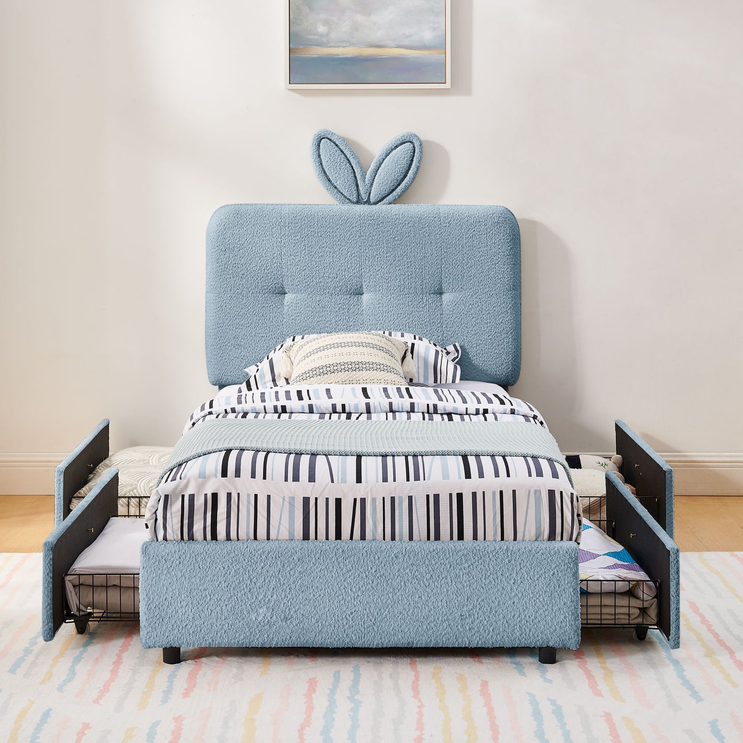 Upholstered Bed With Oversized Rabbit Ear Headboard, LED Lights & 4 Storage Drawers - The Sleep Loft - Online Mattress Showroom NYC