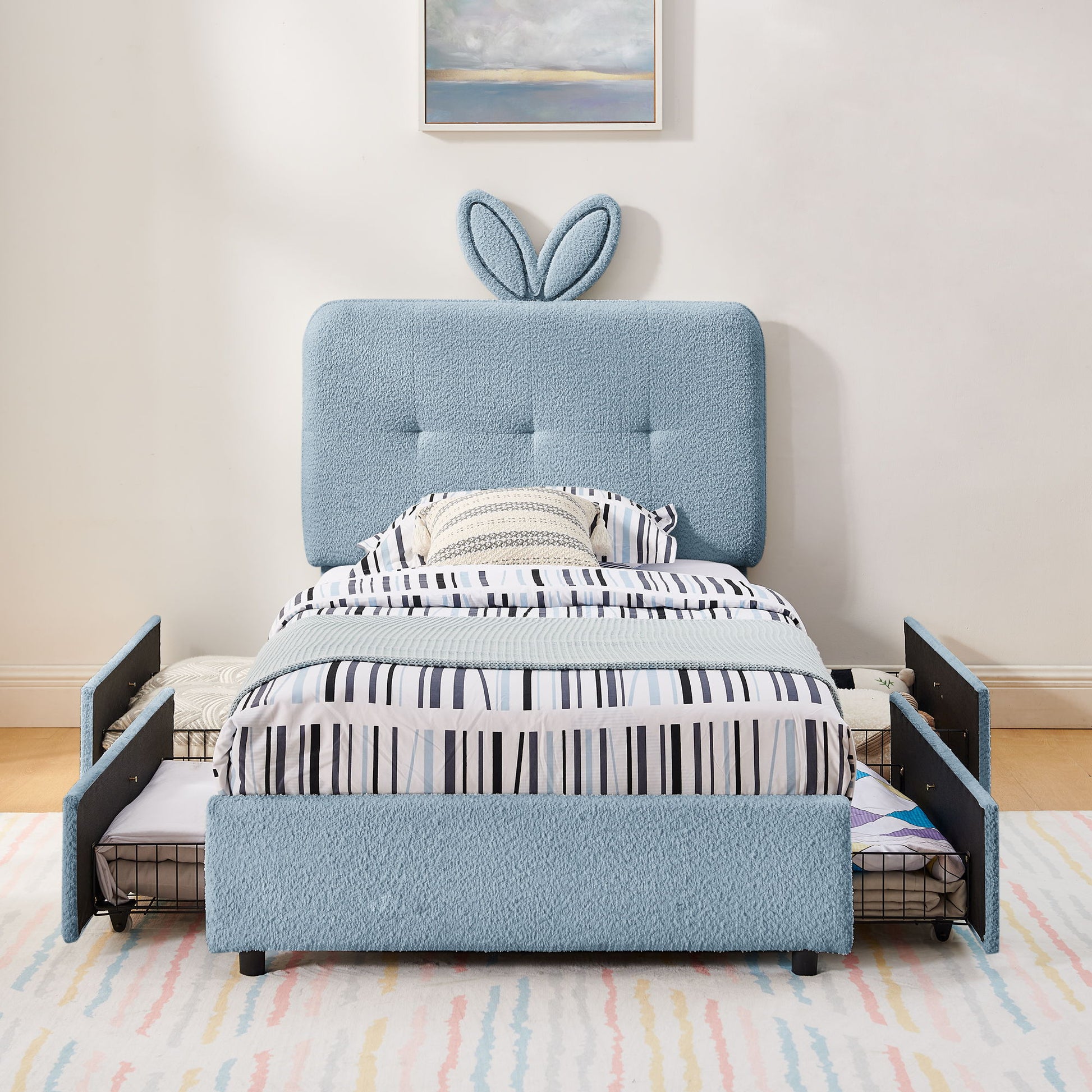 Upholstered Bed With Oversized Rabbit Ear Headboard, LED Lights & 4 Storage Drawers - The Sleep Loft - Online Mattress Showroom NYC