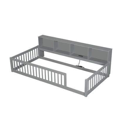 Twin Long Floor Bed With Storage Cabinets And USB Ports - Gray - The Sleep Loft - Online Mattress Showroom NYC