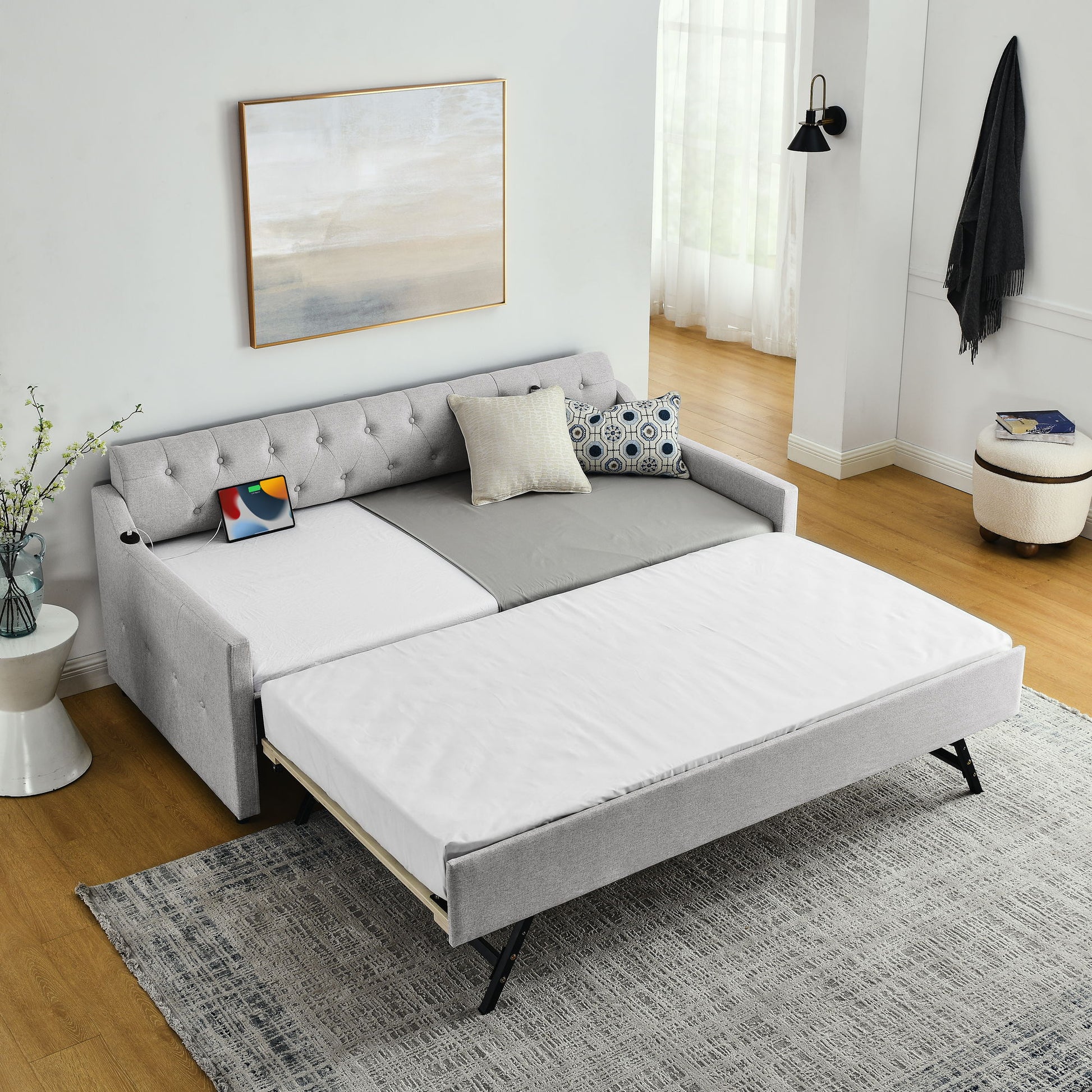 Size Upholstered Daybed With Trundle And USB Charging Armrest - The Sleep Loft - Online Mattress Showroom NYC