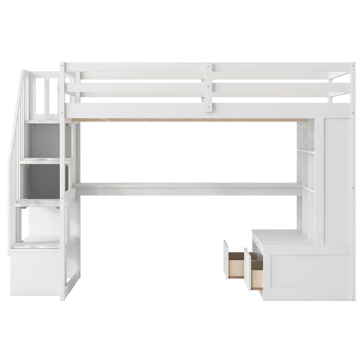 Full Size Loft Bed With Desk And Shelves, 2 Built In Drawers, Storage Staircase - White - The Sleep Loft - Online Mattress Showroom NYC