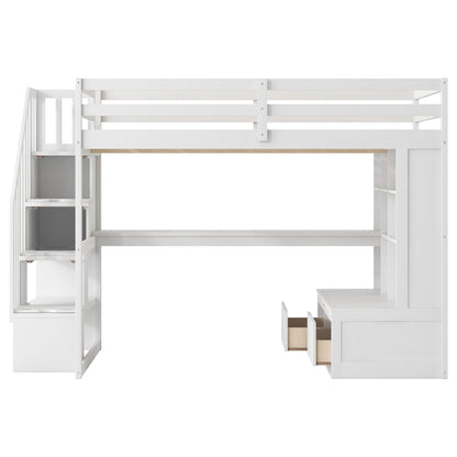 Full Size Loft Bed With Desk And Shelves, 2 Built In Drawers, Storage Staircase - White - The Sleep Loft - Online Mattress Showroom NYC