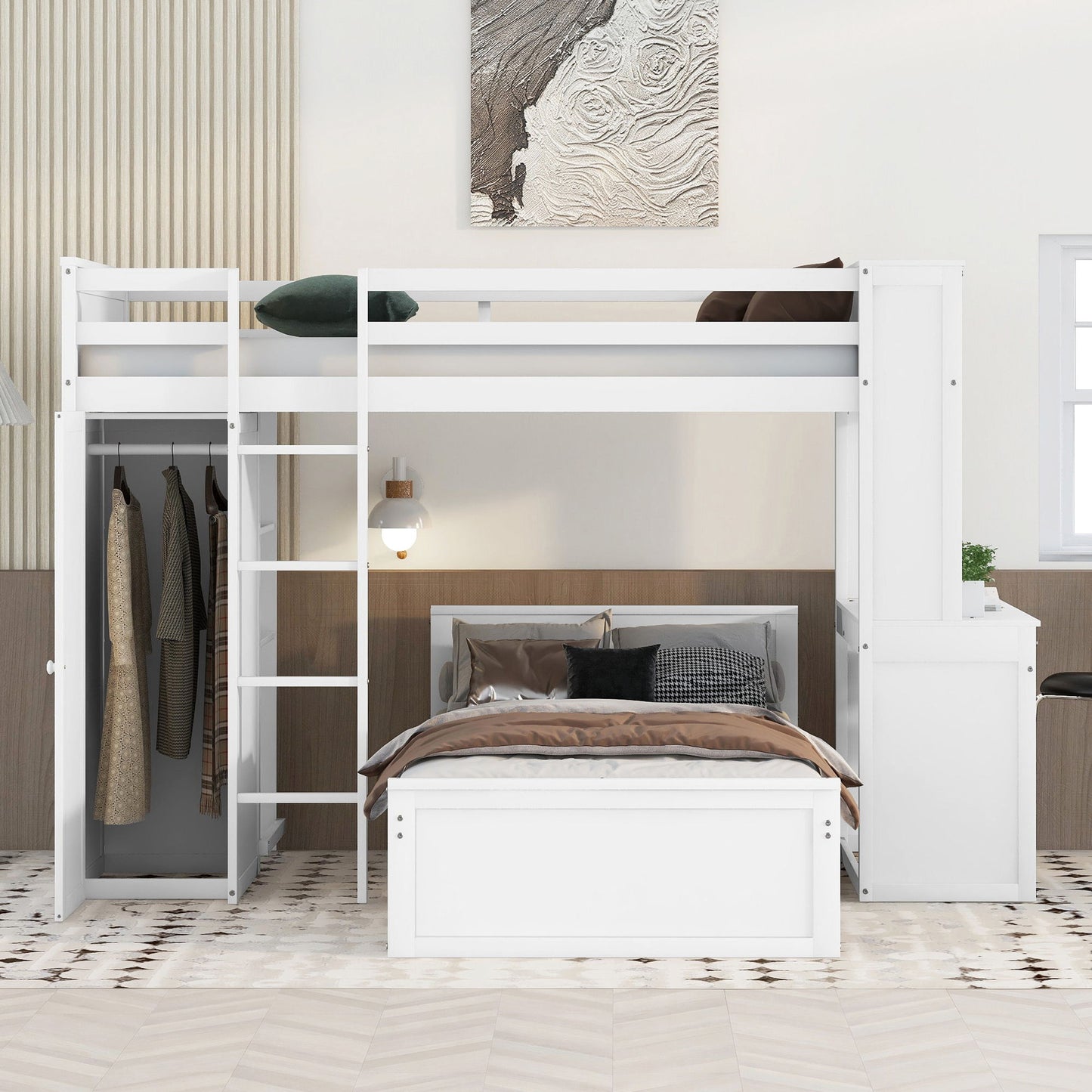 Loft Bed With A Stand Alone Bed, Shelves, Desk, And Wardrobe - The Sleep Loft - Online Mattress Showroom NYC