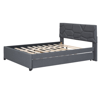 Upholstered Platform Bed With Brick Pattern Headboard And Twin Long Size Trundle - The Sleep Loft - Online Mattress Showroom NYC