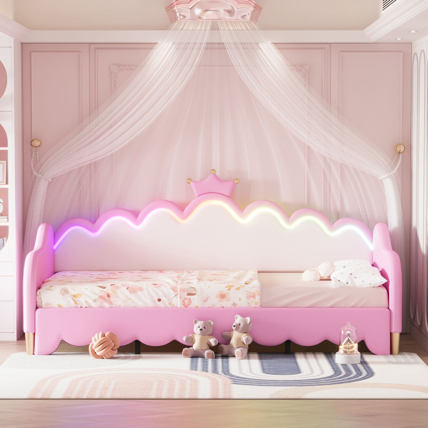 Extending Daybed With LED Lights, Modern Upholstered Princess Daybed With Crown Headboard - The Sleep Loft - Online Mattress Showroom NYC